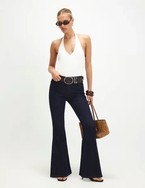 River Island Mid Rise Seam Detail Flared Jeans Dark Blue Denim