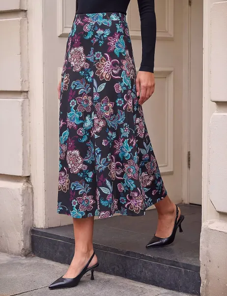 Roman Floral Paisley Print Skirt Black
