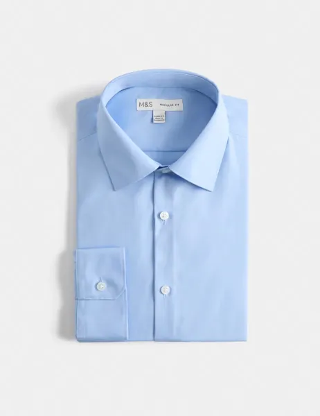 Marks & Spencer Regular Fit 2 Inch Shorter Cotton Blend Shirt Mid Blue