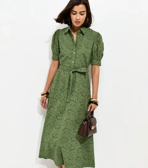 New Look Women's Khaki Broderie Shirt Midi Dress