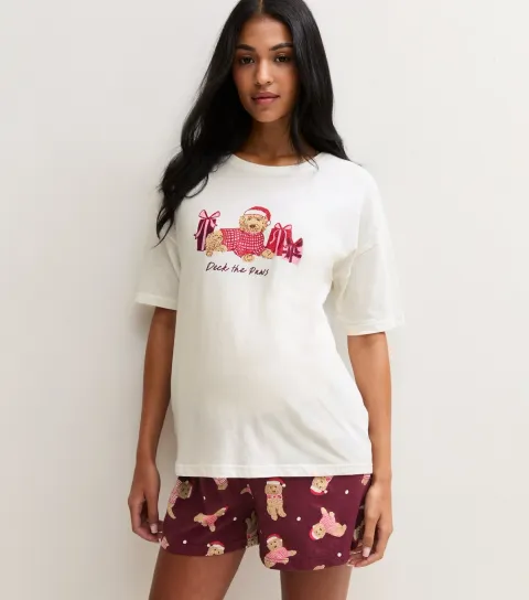 New Look Women's Maternity Red Cotton Deck The Paws T-Shirt and Shorts Pyjama Set