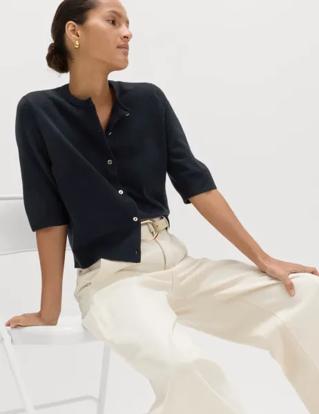 Marks & Spencer Air-Yarn Button Front Short Sleeve Cropped Cardigan Midnight Navy