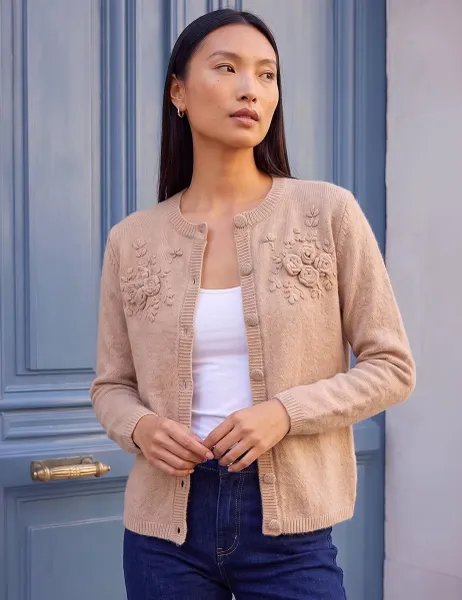 Roman Floral Corsage Cardigan Cream Mix