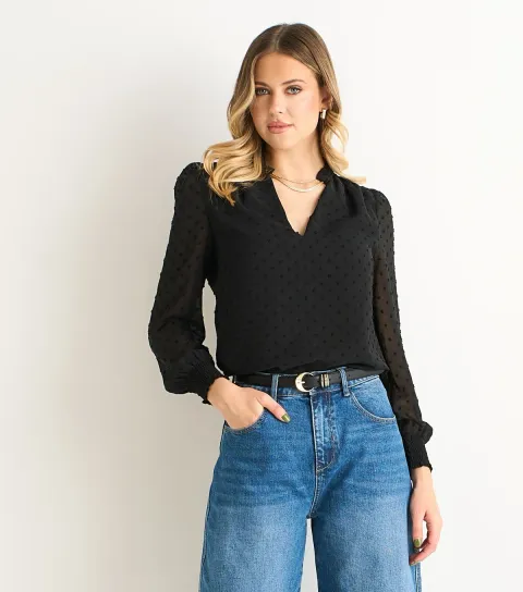 Women's Black Dobby Chiffon Frill Neck Blouse