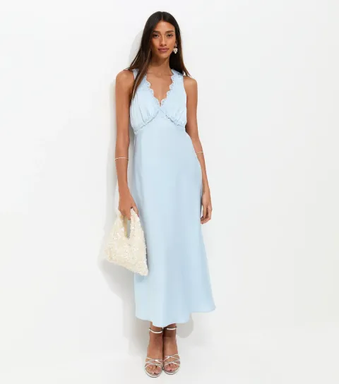 Women's Blue Satin Lace Trimmed V-Neck Midi Dress