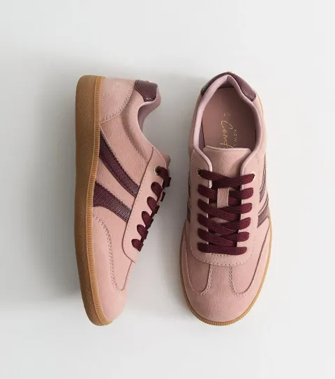 Women's Bright Pink Pebbled Faux Leather Contrast Stripe Trainers
