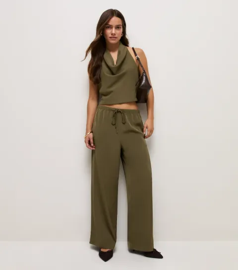 New Look Women's Petite Light Khaki Satin Wide Leg Trousers
