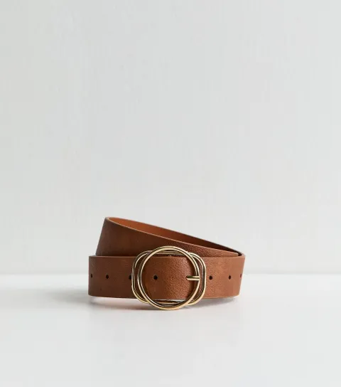 Tan Faux Leather Circle and Rectangle Buckle Belt