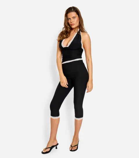 Women's Black Lace Trim High Waist Capri Trousers