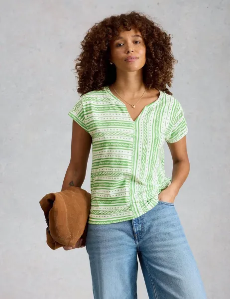 White Stuff Pure Cotton Striped Notch Neck T-Shirt Green Mix