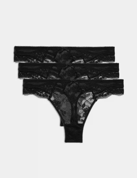 Marks & Spencer 3pk Jasmine Lace Thongs Black