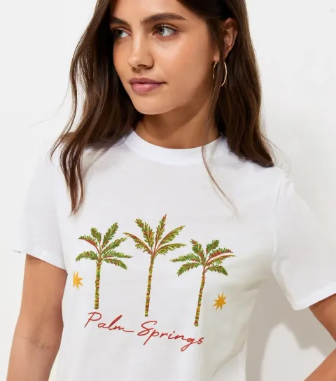 Women's White Cotton Palm Springs Print Relaxed T-Shirt