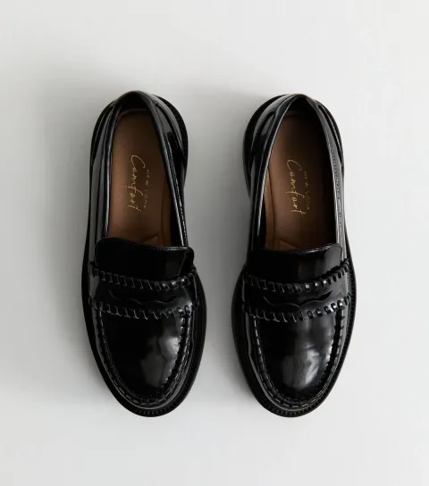 Women's Wide Fit Black Patent Chunky Loafers