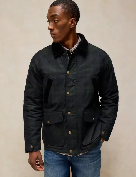 White Stuff Pure Cotton Checked Padded Waxed Jacket Navy Mix