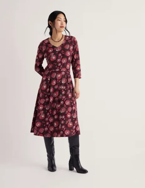 Seasalt Cornwall Cotton Rich Floral Midi Waisted Dress Pink Mix