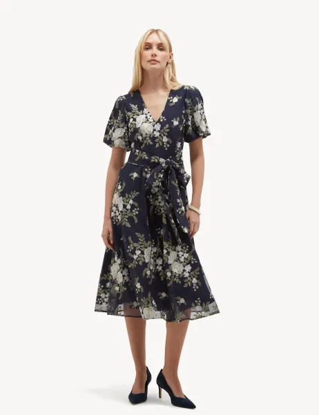 Hobbs Embroidered Floral V-Neck Midi Skater Dress Navy Mix
