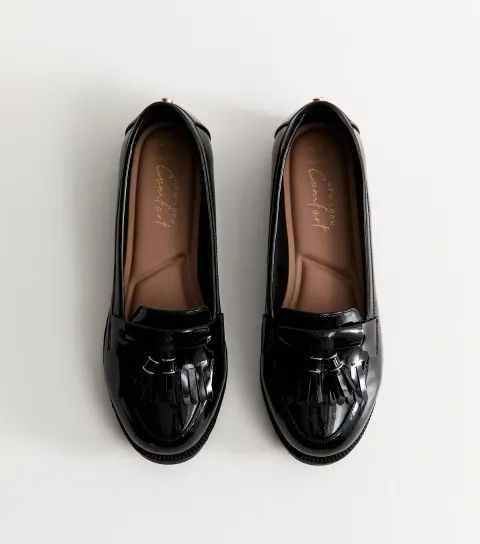 Women's Wide Fit Black Faux Patent Leather Loafers Vegan