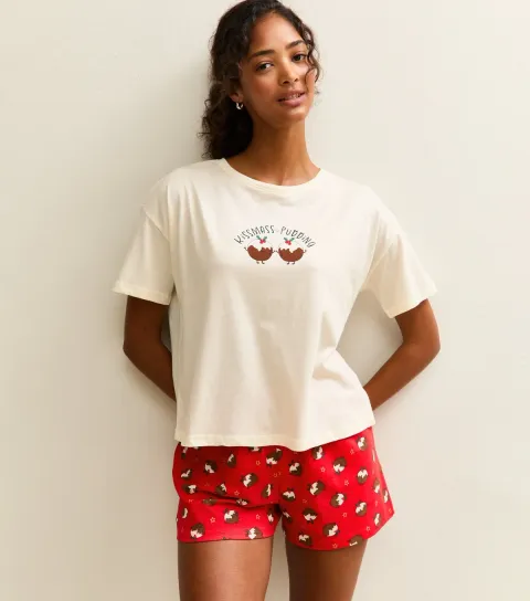 New Look Women's Red Christmas Pudding Print Shorts and T-Shirt Pyjama Set