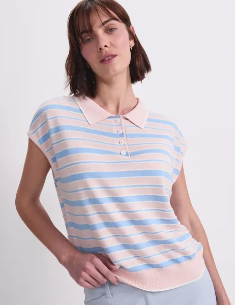 Sportscraft Silk Rich Knitted Striped Polo Shirt Multi