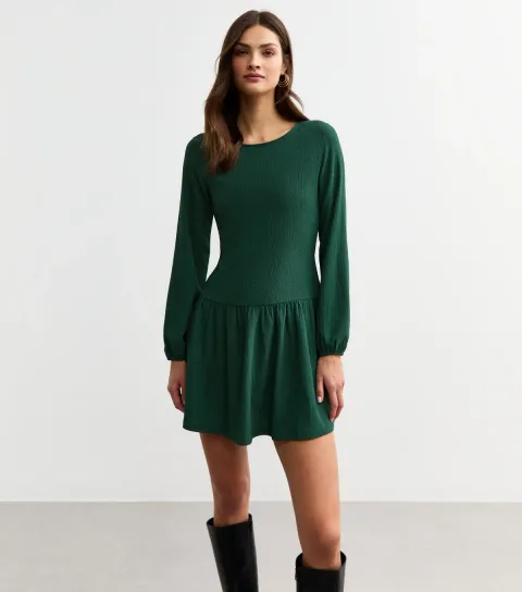 New Look Women's Dark Green Dropped Waist Textured Jersey Mini Dress