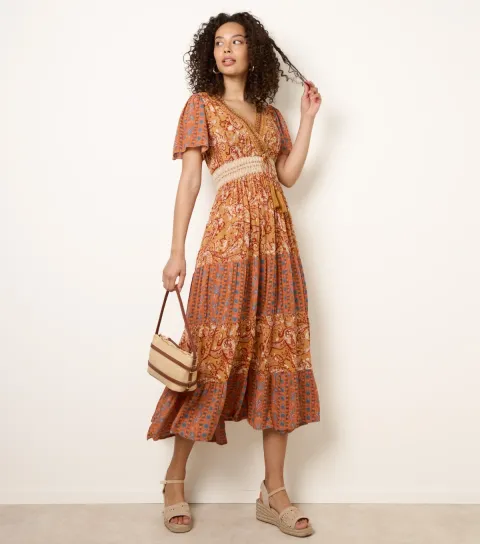Women's Brown Mixed Print Beaded Wrap Style Midi Dress