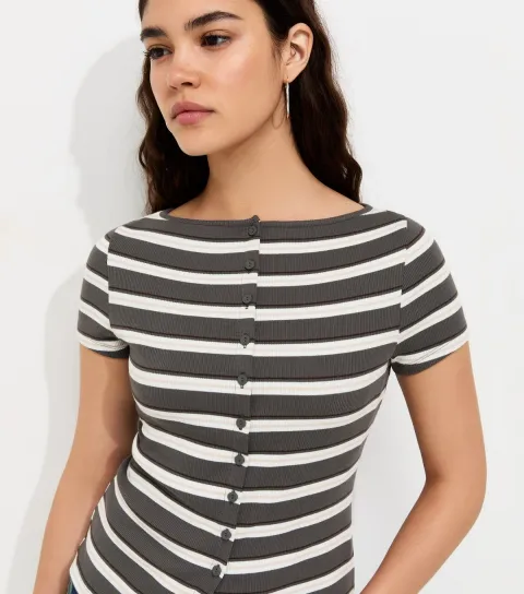 Women's Grey Cotton Rich Striped Button Through Baby Tee T-Shirt