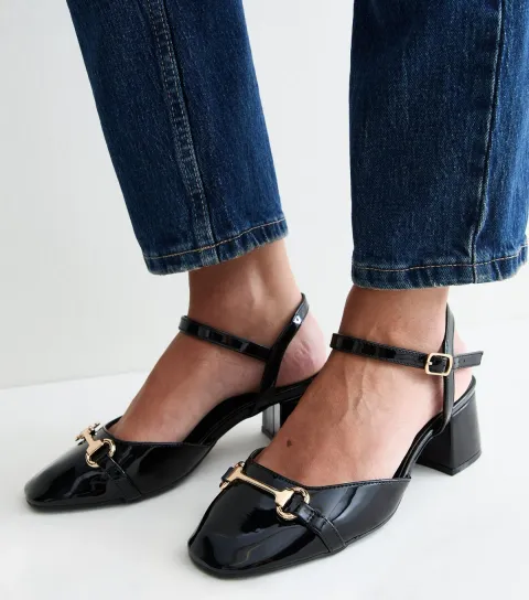 Women's Wide Fit Black Faux Patent Leather Two Part Block Heels Vegan