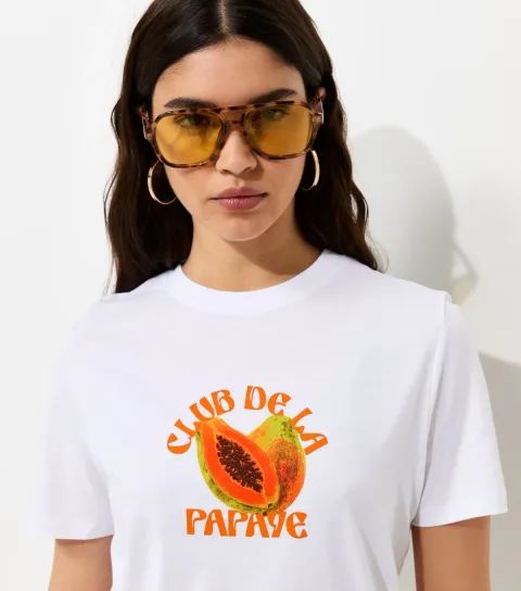 Women's White Cotton Papaya Print Relaxed Fit T-Shirt