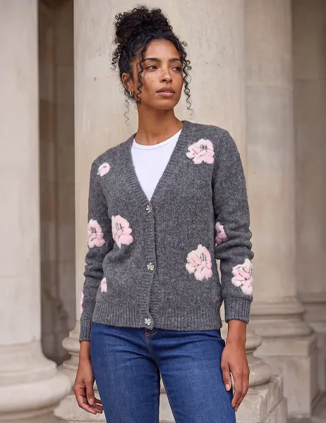 Roman Embossed Floral Knitted Button Front Cardigan Grey Mix