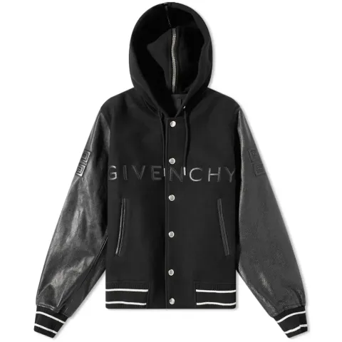 Logo Leather Hooded Varsity Jacket
