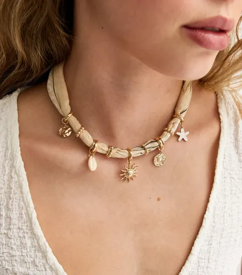 Cream Paisley Rope Sun Charm Necklace
