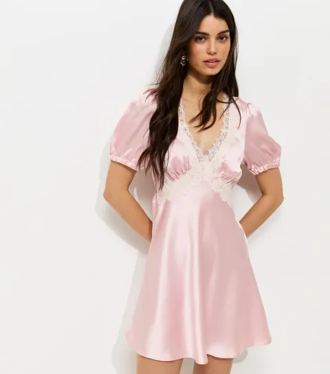 New Look Women's Light Pink Satin Lace Trim Mini Dress