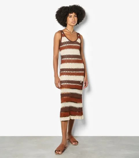 Women's Brown Crochet Stripe Midi Dress