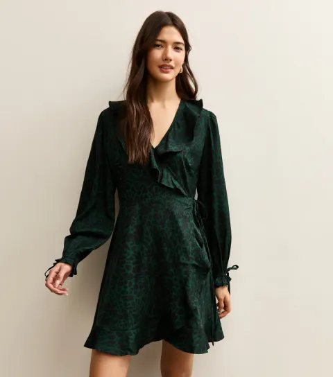Women's Dark Green Animal Print Ruffled Crepe Mini Wrap Dress