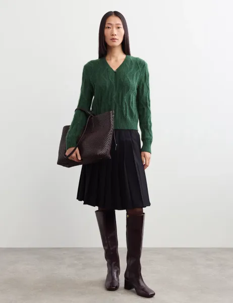 Jaeger Mohair Cable Knit V Neck Keyhole Jumper Dark Green