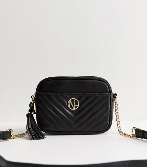 Black Faux Leather Quilted Front Pocket Crossbody Bag Vegan
