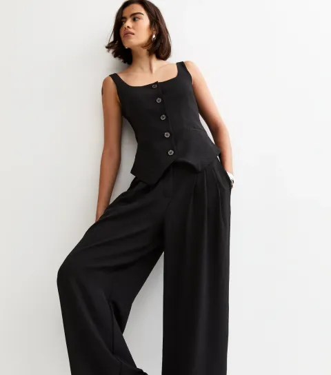 Women's Black Wide Leg Pleated Trousers