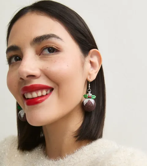 New Look Brown Christmas Pudding Enamel Drop Earrings