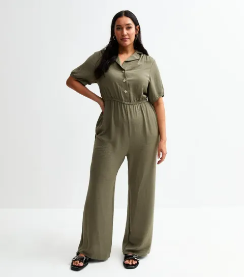 Women's Plus Size Khaki Herringbone Button Front Jumpsuit Curves
