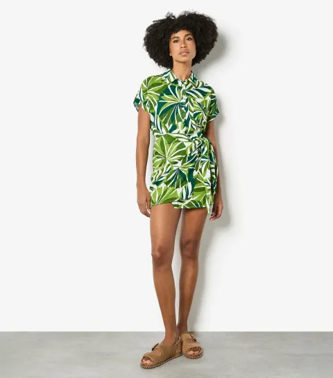 Women's Green Tropical Leaf Print Wrap Mini Skirt