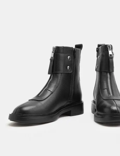 Marks & Spencer Leather Biker Buckle Block Heel Round Toe Boot Black