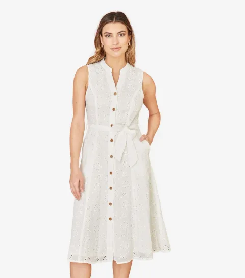 Women's White Floral Embroidered Shirt Dress