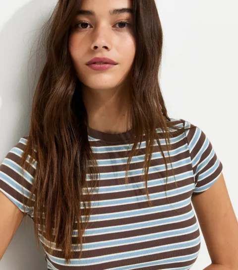 Women's Blue Cotton-Rich Striped Baby Tee T-Shirt