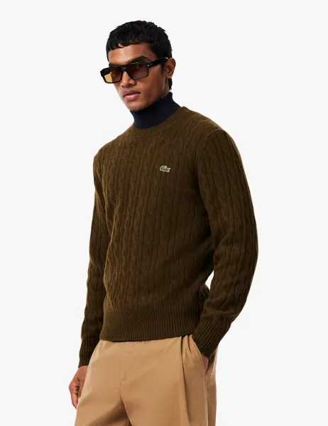 Lacoste Pure Wool Cable Knit Crew Neck Jumper Brown