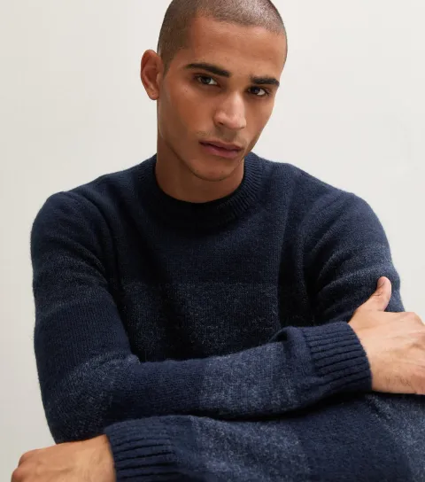 New Look Men's Blue Regular Fit Fluffy Knit Striped Crew Neck Jumper