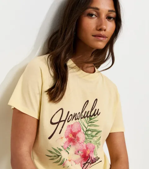 Women's Light Yellow Cotton Honolulu Print T-Shirt