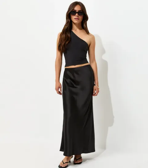 New Look Women's Petite Black Satin Bias Cut Midi Skirt