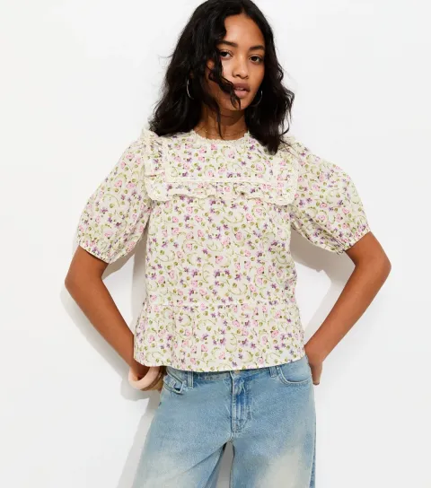 Women's Cream Floral Lace Yoke Puff Sleeve Blouse