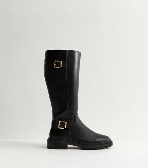 Women's Black Buckle Faux Leather Chunky Knee High Boots Vegan
