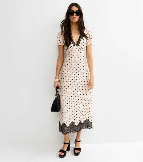 Women's Cream Spot Print Lace Trim V-Neck Midi Dress